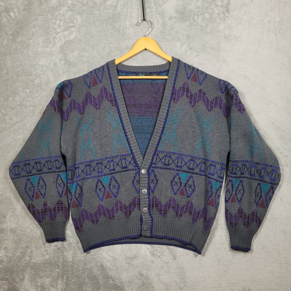 Vintage Melange Geometric Cardigan Sweater Mens XL Gray Purple Teal Acrylic 90s